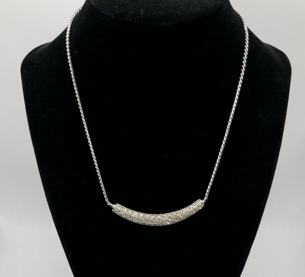 Curved Pave Crystal Bar Necklace Silver Tone Rope Chain Modern Minimalist 16"+